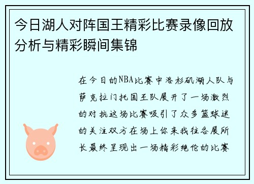 今日湖人对阵国王精彩比赛录像回放分析与精彩瞬间集锦