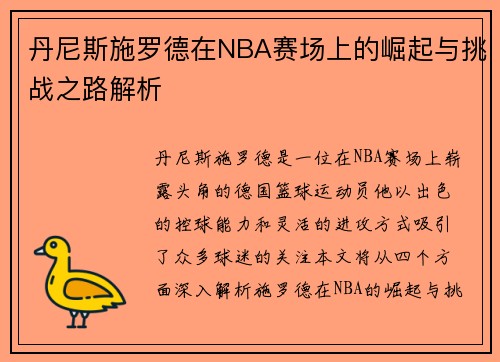 丹尼斯施罗德在NBA赛场上的崛起与挑战之路解析