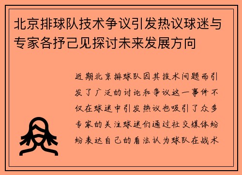 北京排球队技术争议引发热议球迷与专家各抒己见探讨未来发展方向