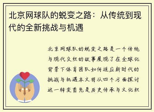 北京网球队的蜕变之路：从传统到现代的全新挑战与机遇