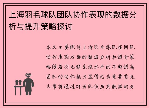 上海羽毛球队团队协作表现的数据分析与提升策略探讨