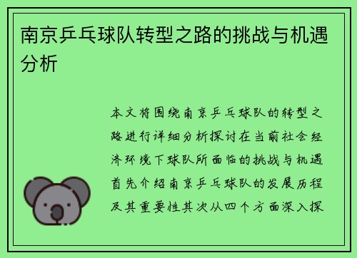 南京乒乓球队转型之路的挑战与机遇分析