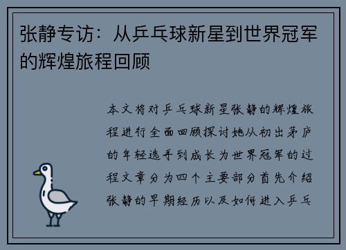 张静专访：从乒乓球新星到世界冠军的辉煌旅程回顾