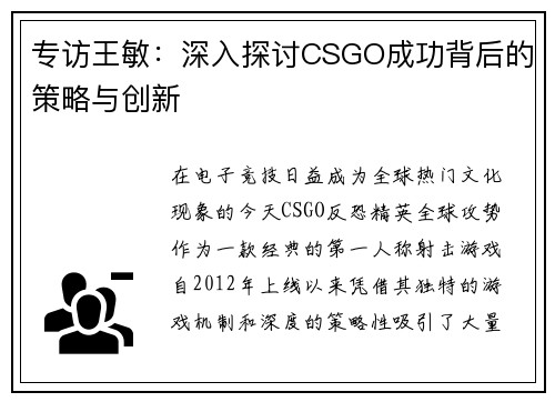 专访王敏：深入探讨CSGO成功背后的策略与创新