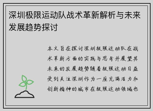 深圳极限运动队战术革新解析与未来发展趋势探讨