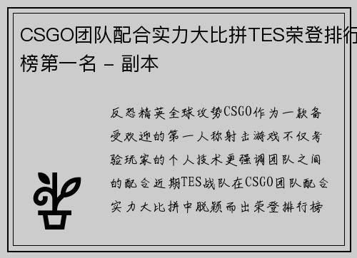 CSGO团队配合实力大比拼TES荣登排行榜第一名 - 副本
