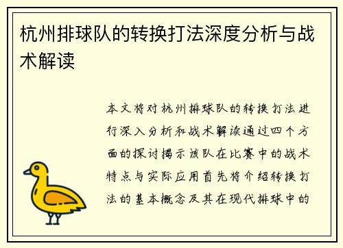杭州排球队的转换打法深度分析与战术解读