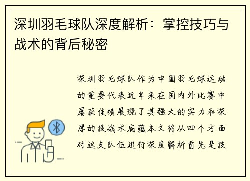 深圳羽毛球队深度解析：掌控技巧与战术的背后秘密